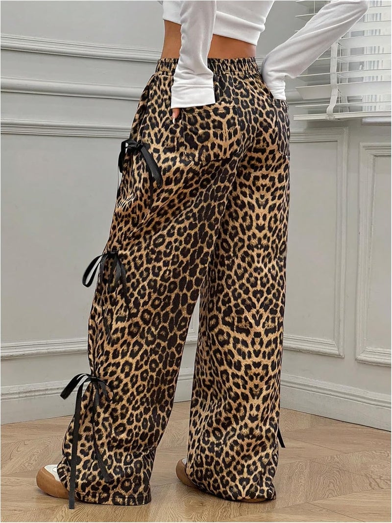 WDIRARA Girl's Leopard Print Bowknot Wide Leg Pants Y2k Elastic Waist Baggy Pants - Image 3